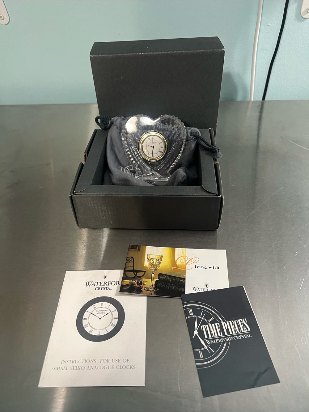 New with Tags Waterford Heart Shape Crystal Clock with Original Box & Literature